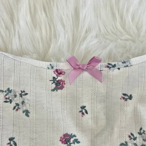 For Love & Lemons Pointelle Romper White Floral Deep V Neck Pajama Size Small - Picture 5 of 9